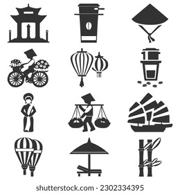 vector vietnam icons set. vietnam travel vector illustration. vietnam tourism flat symbols