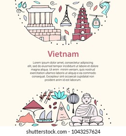 Vector stylizedÂ symbols of Vietnam. Lettering with doodle elements.