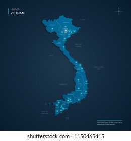Vector Vietnam map illustration with blue neon lightpoints - triangle on dark blue gradient background. Administrative divisions, cities, borders, capital. Neon tech background with glow. 