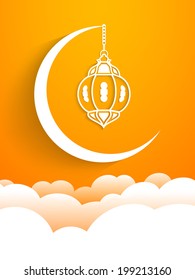 vector view of a arabic lamp hanging through a white moon above the sky for the celebration of ramadan kareem and eid mubarak and other muslim festivals.