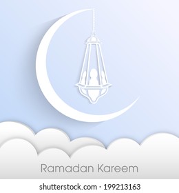 vector view of a arabic lamp hanging through a white moon above the sky for the celebration of ramadan kareem and eid mubarak and other muslim festivals.