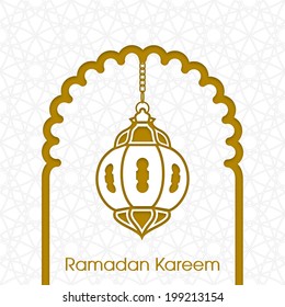 vector view of a arabic lamp through a arabic door for the celebration of ramadan kareem and eid mubarak and other muslim festivals.