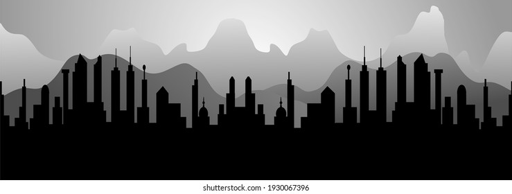 Vista vectorial de los edificios, en una ciudad moderna con un tono negro y negro adecuado para fondos y fondos de pantalla