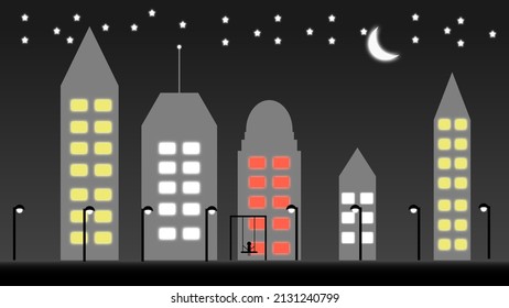 vista vectorial de la ciudad de noche con estrellas y luna