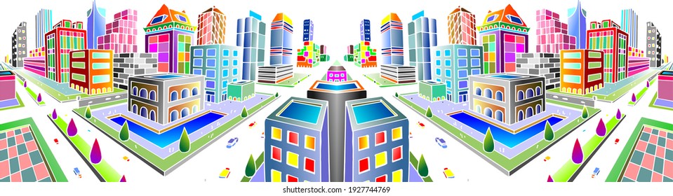 Vector view of a city in the perspective of 2 vanishing points, 2 vectors combined