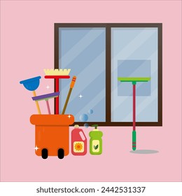 Vector view of cleaning glass with a container full of cleaning equipment