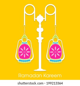 vector view of colorful paper arabic lamps hanging through the traditional stand for the celebration of ramadan kareem and eid mubarak and other muslim festivals.