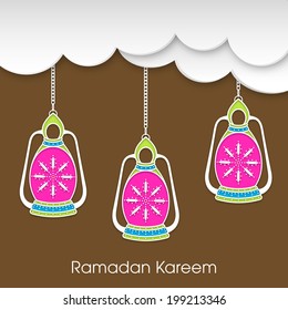 vector view of a colorful paper lamps hanging through the white skies for the celebration of ramadan kareem and eid mubarak and other muslim festivals.