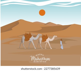 vector view in a desert on a sunny day blue sky cloudy and sun with camels and drivers in hijri islamic new year muharram