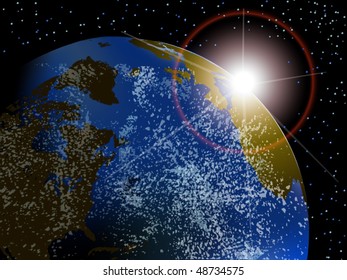 Vector view of earth with sunrise in space with stars
