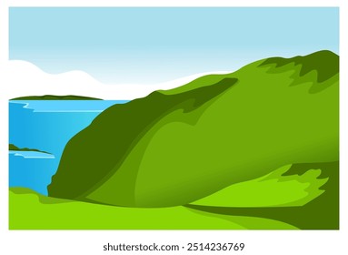 vista vetorial de colinas verdes e mar aberto com fundo de céu azul.