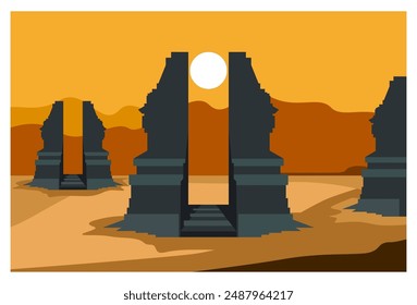 
Vector view of historic Hindu and Buddhist temples in Indonesia, with sunset in the background.