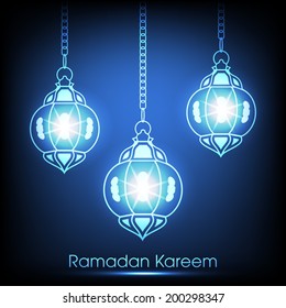 Vector view of illuminated blue lamps for celebrating Ramadan Kareem and other Muslim festivals.