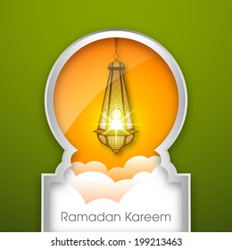 vector view of a illuminated glossy arabic lamp through a shiny arabic door for the celebration of ramadan kareem and eid mubarak and other muslim festivals.