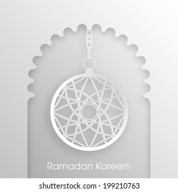 vector view of intricate 3d paper lamp hanging through the arabic door for celebrating ramadan kareem and other muslim festivals.