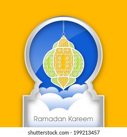 vector view of a intricate arabic lamp through a shiny arabic door for the celebration of ramadan kareem and eid mubarak and other muslim festivals.