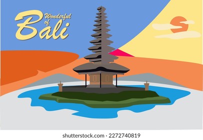 Vector view island beach is wonderful island balinese temple in the colorful sky sun cloudy light day ocean sea galungan celebration barong kecak dance traditional balinese beautiful illustration