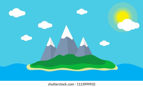 Vector view of the island in the sea with mountain landscape with snow on the peaks under a blue sky with clouds and sun.