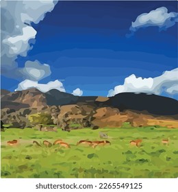 vista vectorial de montaña y pradera con un poco de ciervo