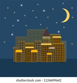 vector view of a night city with windows and tall buildings houses on a dark sky background with a month and stars