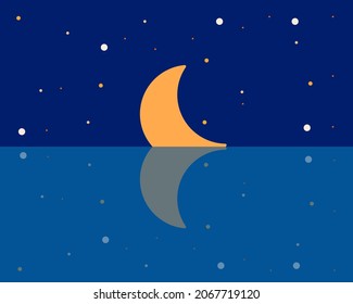 vector view of the night sky on the sea with the crescent moon and stars scattered