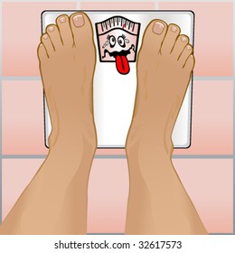 Vector View of a persons feet weighting themselves on a bathroom scale.