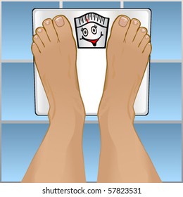 Vector View of a persons feet weighting themselves on a bathroom scale.