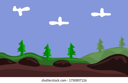 Vector view of pine tree hills against a background of bright blue sky