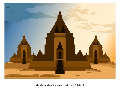 Vista del Vector del templo Prambanan, una reliquia de la historia hindú y budista en Indonesia, con un fondo claro.