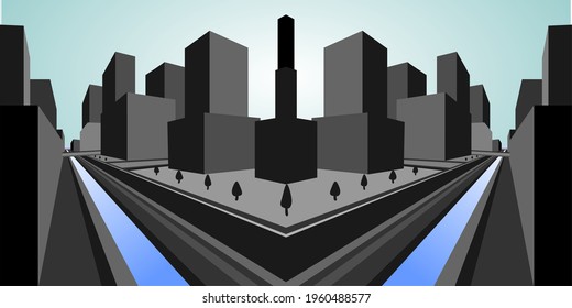 Vector View Of Skyscrapers With Two Vanishing Point Perspective In Black And White