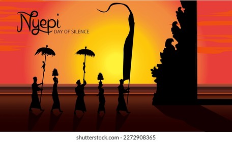 vector view sunset sunrise silhouette balinesse people man and women bring to umbrella and flag and eat traditional in her head and temple ceremony together walking on the beach celebration nyepi day 