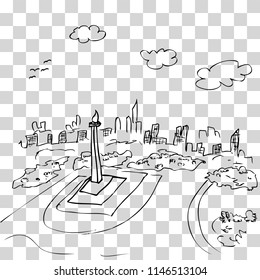 vector view from top simple sketch of monas, jakarta indonesia capital city icon and other building 