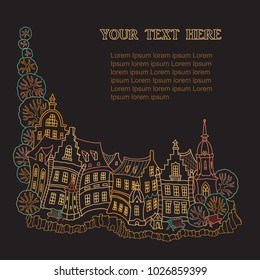 Vector Vignette of fantasy urban landscape with small medieval European buildings. Fairy tale old town street, houses. Hand drawn doodle sketch. Tee shirt yellow and black print, book cover, brochure