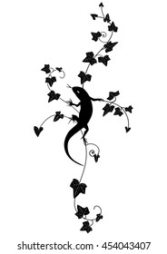 vector vignette with lizard and ivy in black and white color