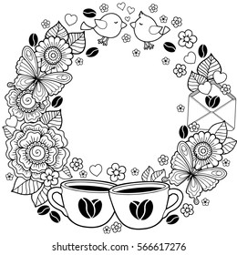 Vector vignette round shape for Coloring book for adult. Black line art on white background. Abstract doodle flowers, key, lock, letter, butterfly and  message. I love you and coffee. Have a nice day