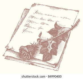 Vector vignette. Sketch of cut roses on the old letter