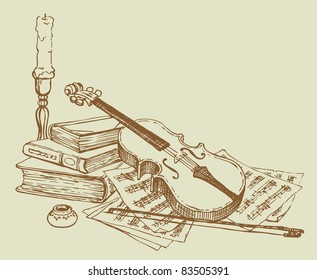 Vector vignette. Sketch a still life of a violin against a background of old books and pages with notes about the candlestick and ink