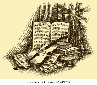 Vector vignette. Sketch a still life of a violin against a background of old books and pages with notes about the candlestick and ink