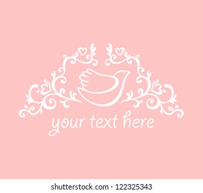 Vector vignette for the valentine's day, template for the card with bird, pink color