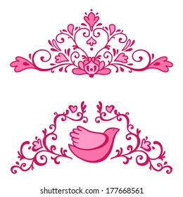 Vector vignette for the valentine's day, template for the card with hearts, rings, bird