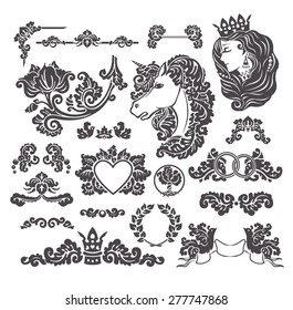 Vector vignettes set in Medieval decorative style - elements for wedding decoration design