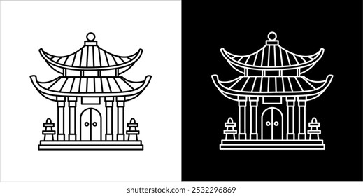 Vector vihara temple icon in black and white line art style, ideal for cultural projects
