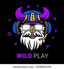 Vector viking man head with helmet and headphones logo on black background. Line art flat style design of user avatar