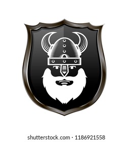 Vector Viking Warrior Head Icon on Metal Shield Isolated on White Background