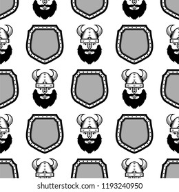 Vector Viking Warrior Head Icon on Metal Shield Seamless Pattern Isolated on White Background