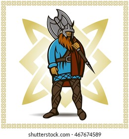 Vector Viking warrior in helmet with an ax on a white background with yellow ornament