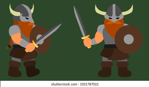 vector viking wearing a horned helmet and holding a sword and shield shown from the front and side view