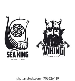 vector vikings icon logo template design simple set flat isolated illustration on a white background. Axes and man in helmet with mustache and beard brutal portrait, wooden ship with sail image