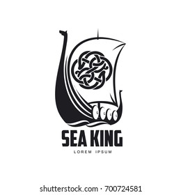 vector vikings sea king icon logo template design simple flat isolated illustration on a white background. Wooden ship with patterned sail image