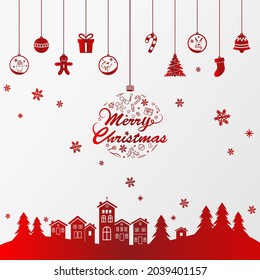 Vector of Village and Christmas pine tree, ball and bell, Merry Christmas Typographic Poster. EPS 10 Vector.